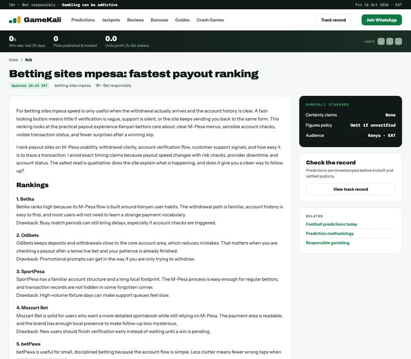 GameKali ranking of fastest M-Pesa payout betting sites in Kenya