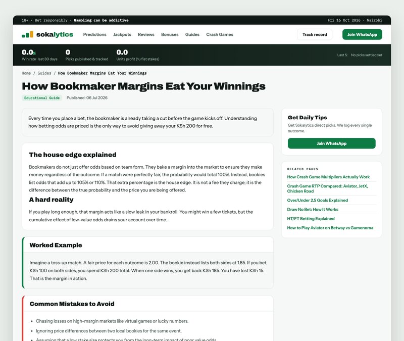 Sokalytics guide showing how bookmaker margins affect betting odds in Kenya